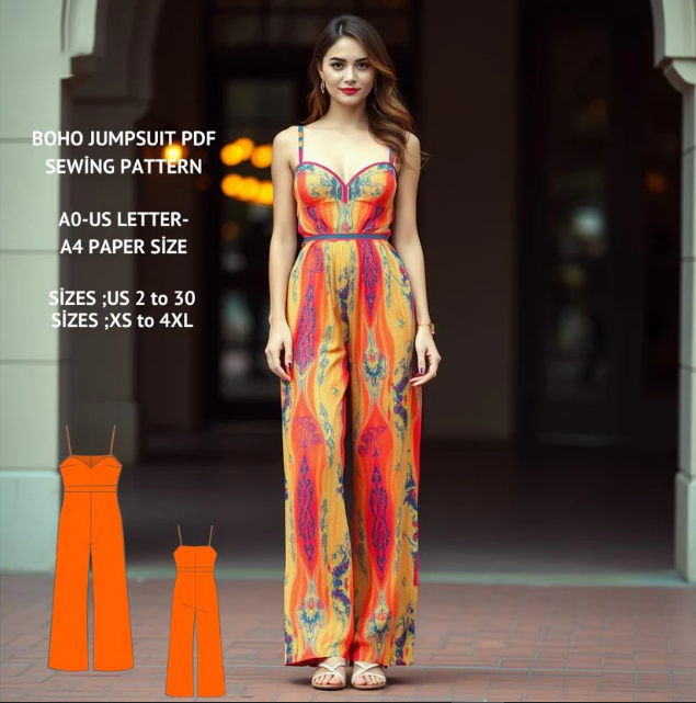 Women's Boho Wide Leg Jumpsuit Sewing Pattern (XS-4XL) (PDF Pattern)