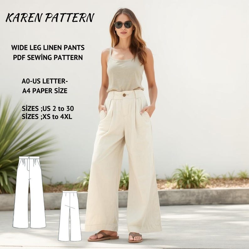 Linen Wide Leg Pants Sewing Pattern, Elastic Waist (PDF Pattern)