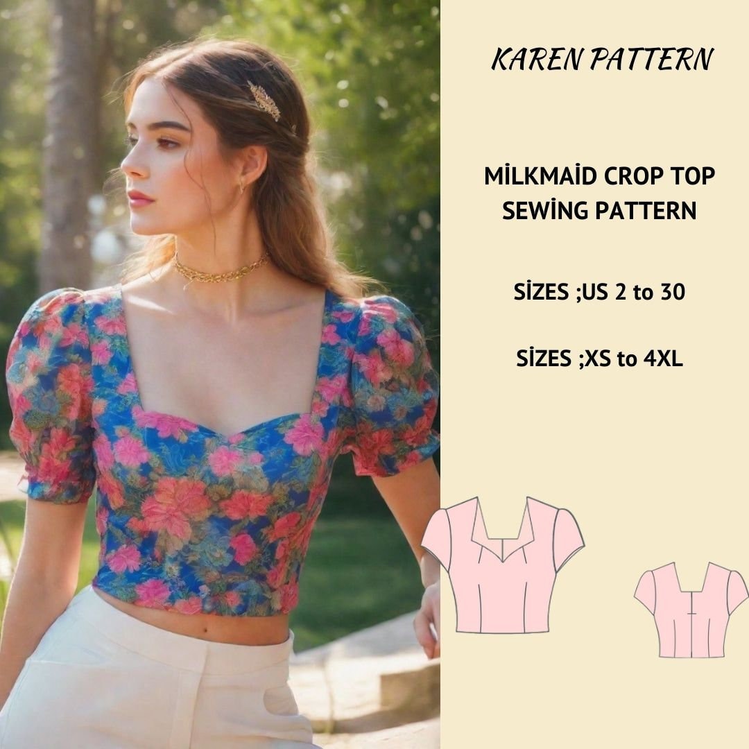 Milkmaid Crop Top Sewing Pattern, Short Sleeve Cottagecore Crop Top,Puff Sleeve Top,Fitted Crop Top Pattern, Crop Blouse Top,Coquette XS-4XL