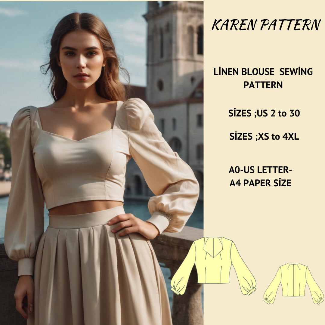 Linen Blouse Crop Top Sewing Pattern,Short Sleeve Cottagecore Crop Top, Puff Sleeve Top, Fitted Crop Top Pattern, Crop Blouse Top, XS-4XL