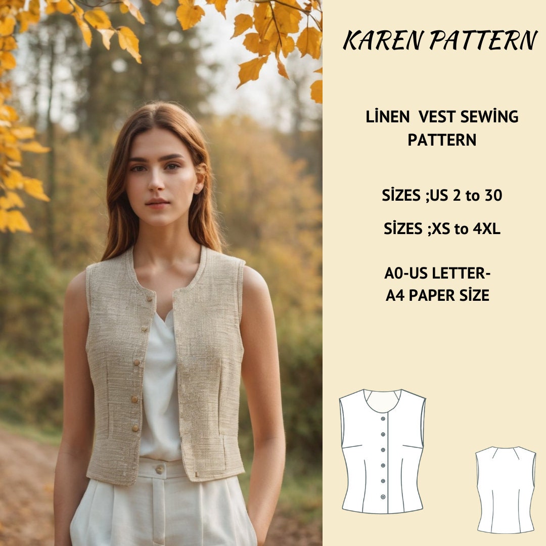 Linen Vest Sewing Pattern, Round Neck, Women's Sizes 2-30 (PDF Pattern)