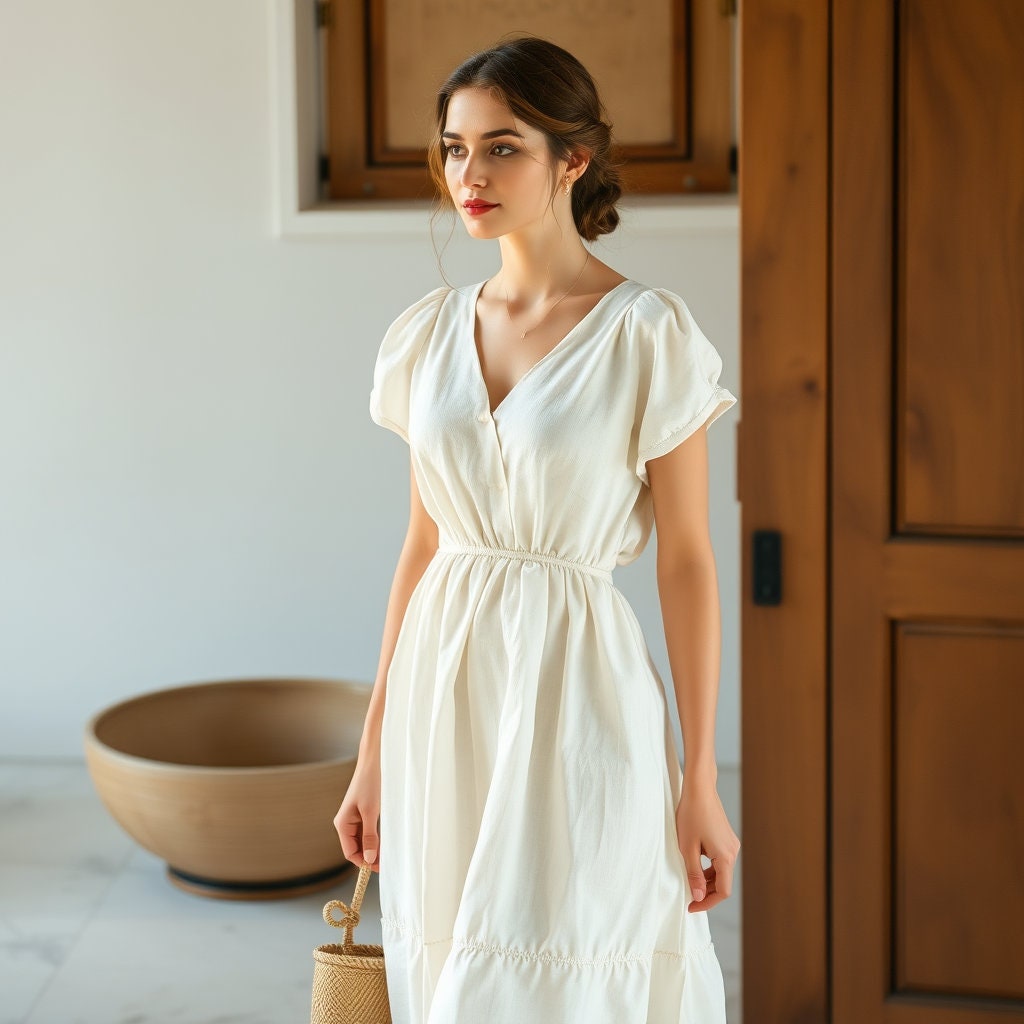 Surplice Neck Linen Midi Dress Sewing Pattern,Sundress Pattern,Spring Dress,Gathered Dress,Puff Sleeve Dress,Ladies size;XS to 4xl
