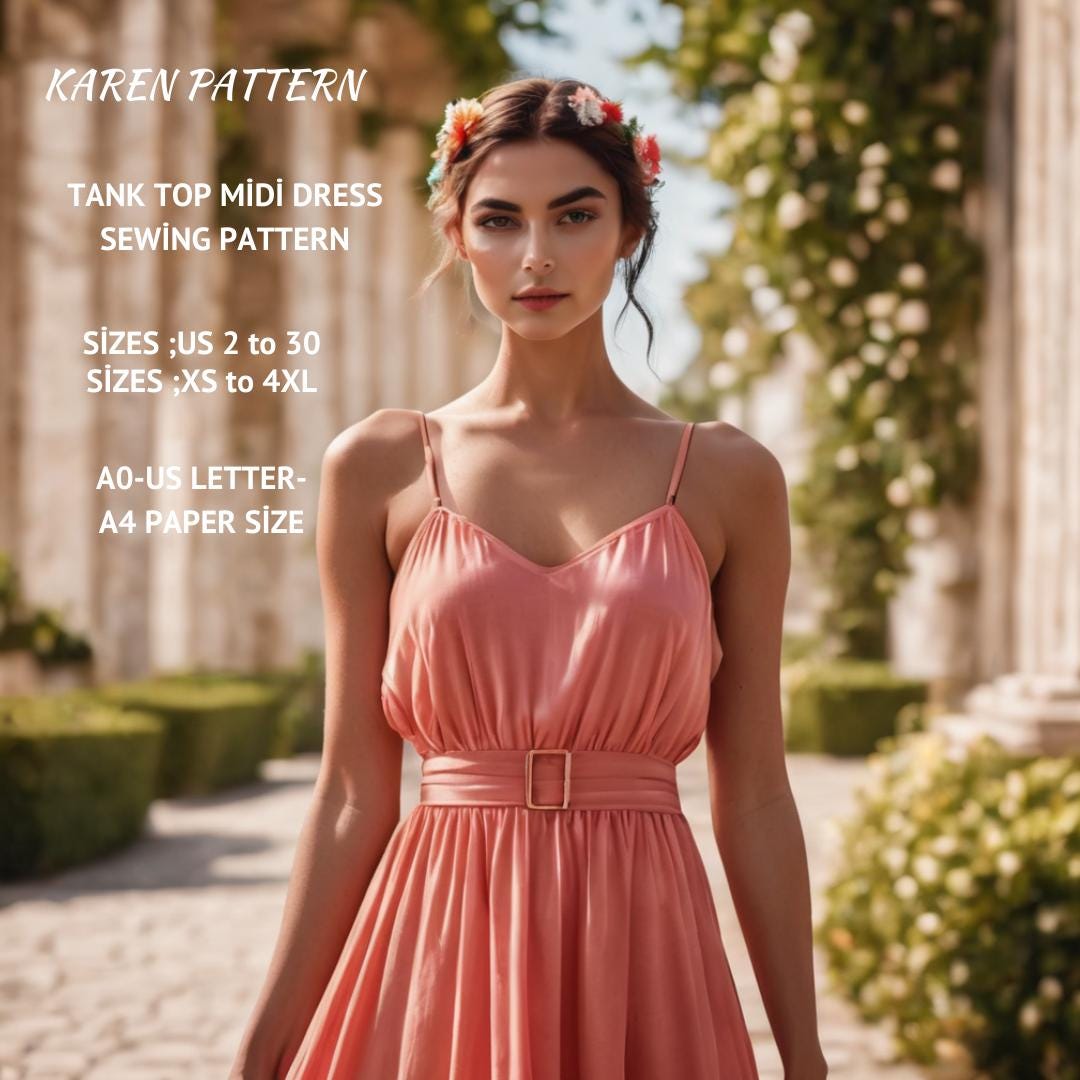 Tank Top Midi Dress Sewing Pattern:Summer Cottagecore (A4, A0, US Sizes) (PDF Pattern)