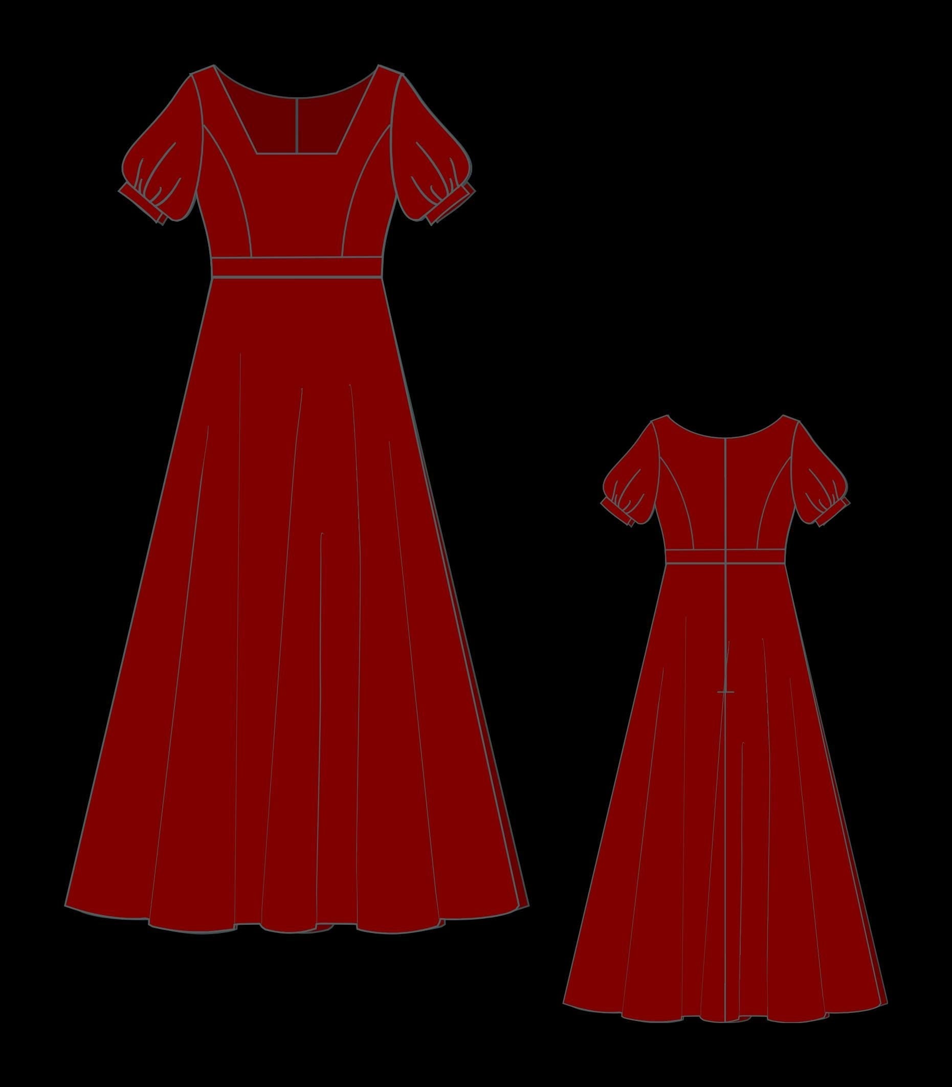Vintage Square Neck Maxi Dress Sewing Pattern (PDF) XS-4XL