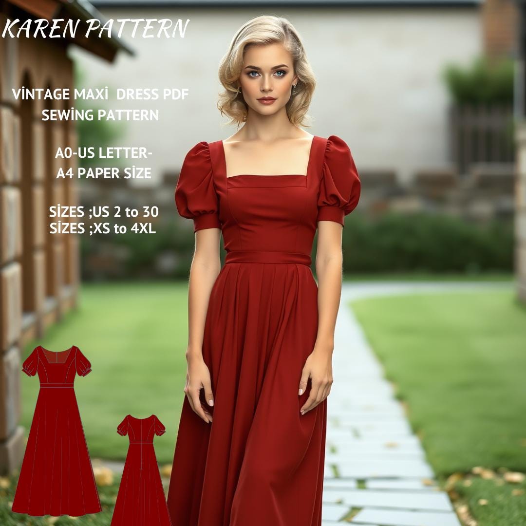 Vintage Square Neck Maxi Dress Sewing Pattern (PDF) XS-4XL