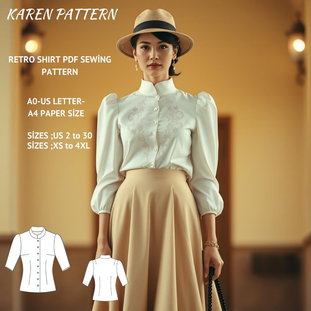 Retro Mandarin Neck Shirt Sewing Pattern: US 2-30, XS-4XL (PDF Pattern)