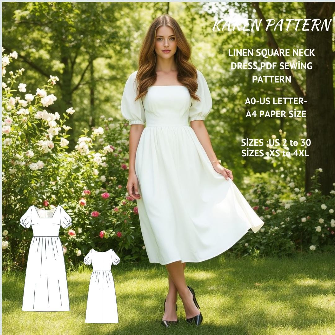 Linen Square Neck Midi Dress Sewing Pattern:Cottagecore Style (PDF Pattern)