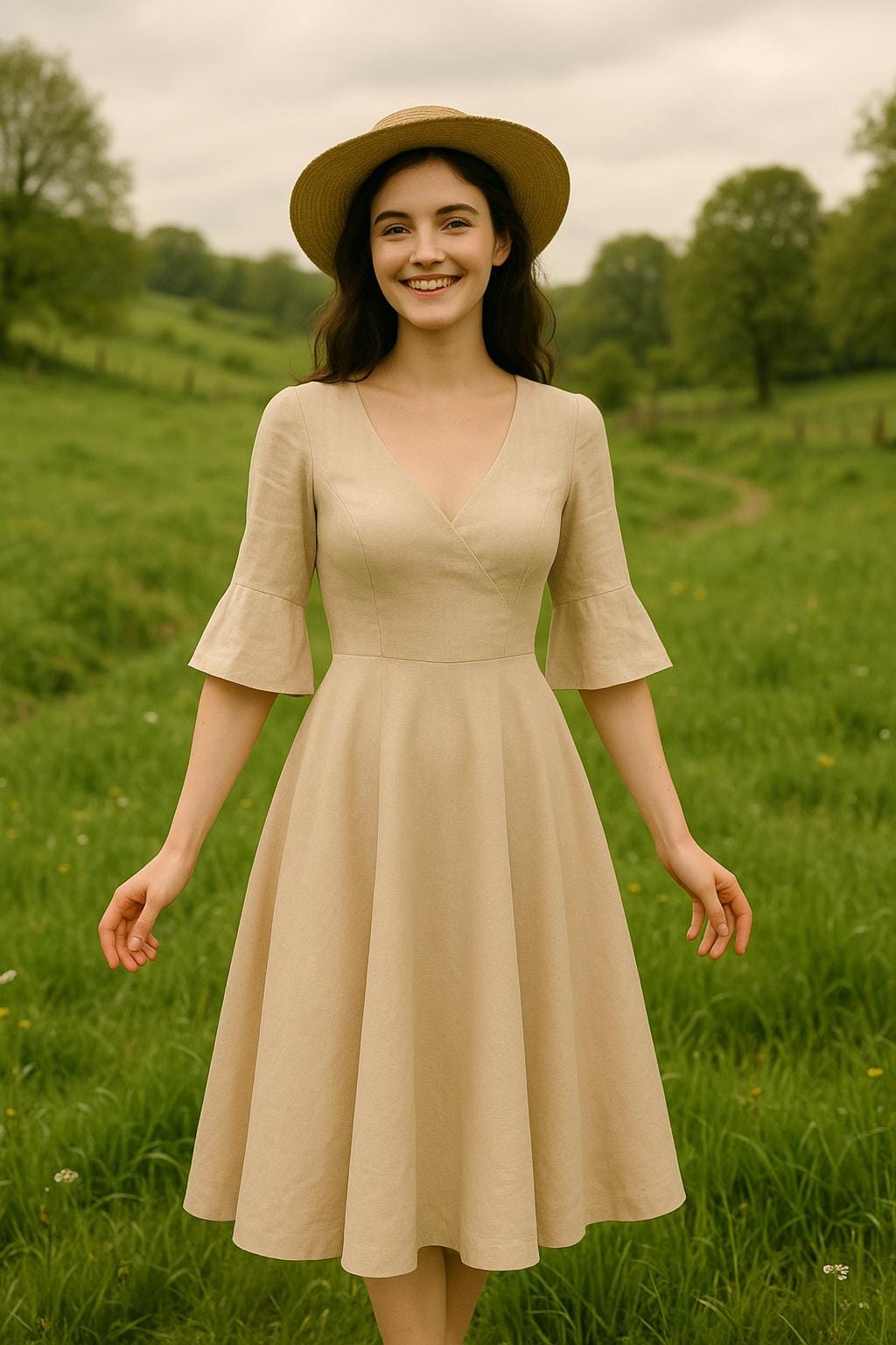 Linen Surplice Midi Dress Sewing Pattern:Plus Size XS-4XL (PDF Pattern)