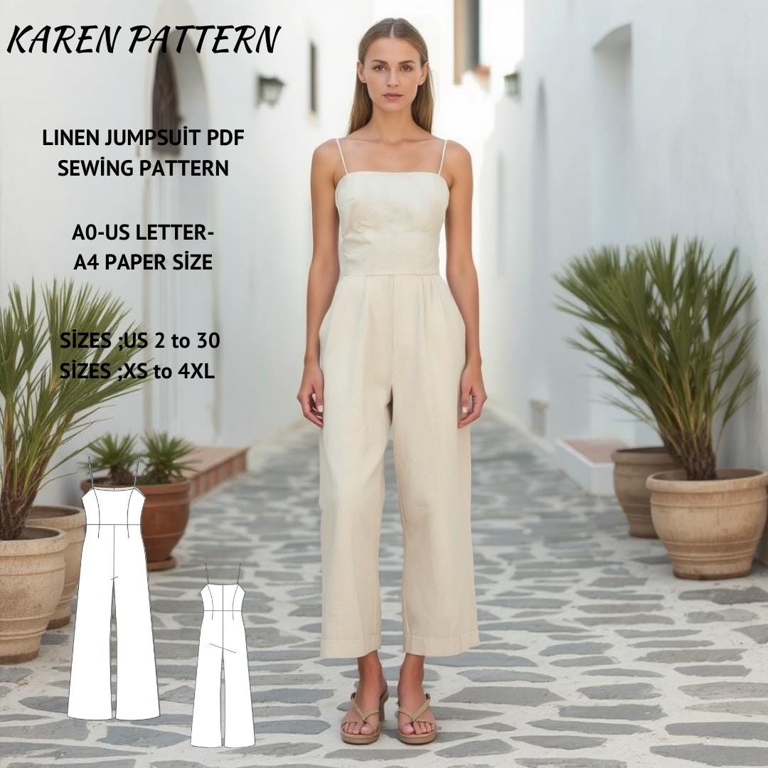 Linen Palazzo Jumpsuit Sewing Pattern:US Sizes 2-30 (PDF)