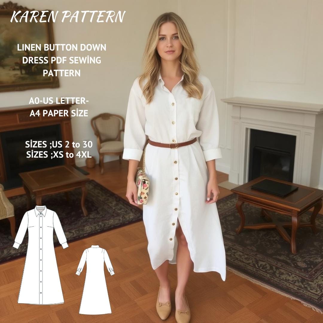 Linen Button Down Midi Dress Sewing Pattern(XS-4XL) (PDF Pattern)