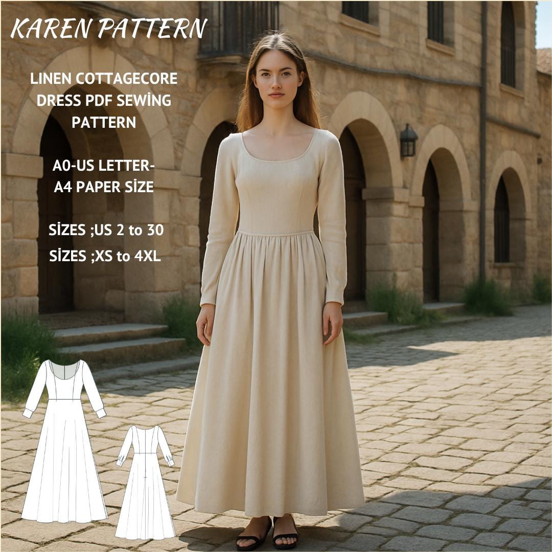 Linen Cottagecore Maxi Dress Sewing Pattern: Empire Waist (Digital Download, XS-4XL)