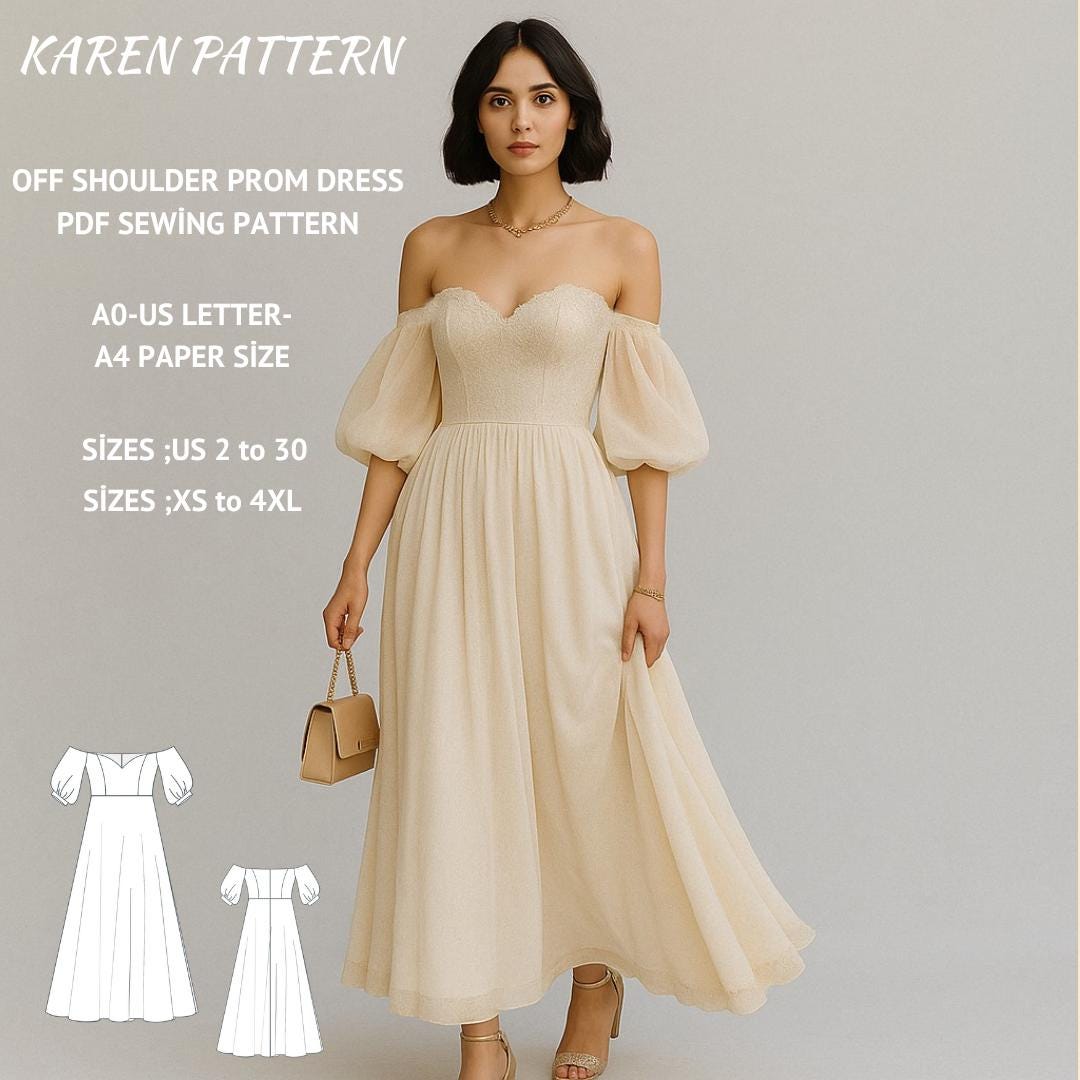 Off Shoulder Prom Dress Sewing Pattern: Tea Length, Circle Skirt (Digital Download XS-4XL)