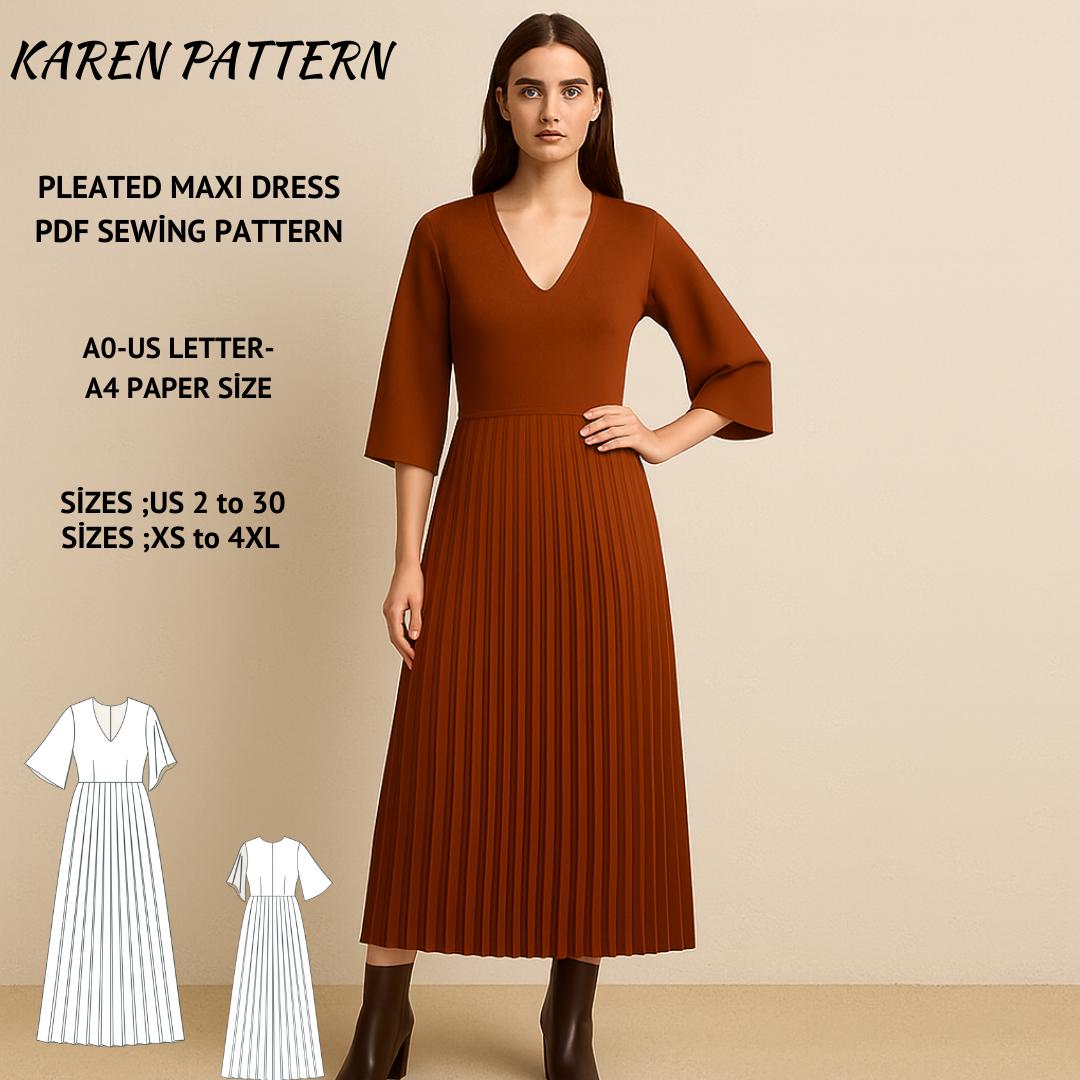 V-Neck Pleated Maxi Dress Sewing Pattern: XS-4XL (PDF Digital Download)