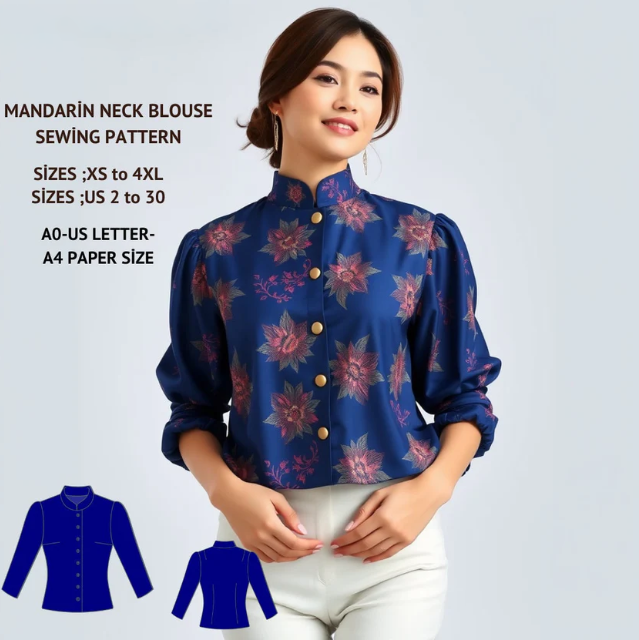 Cheongsam Blouse Sewing Pattern:Mandarin Collar, Vintage Style (PDF Pattern)