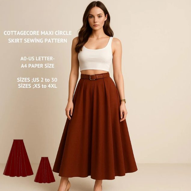 Cottagecore Maxi Skirt Sewing Pattern: Ladies US Size 2-30 (PDF Pattern, A0-A4 Included)