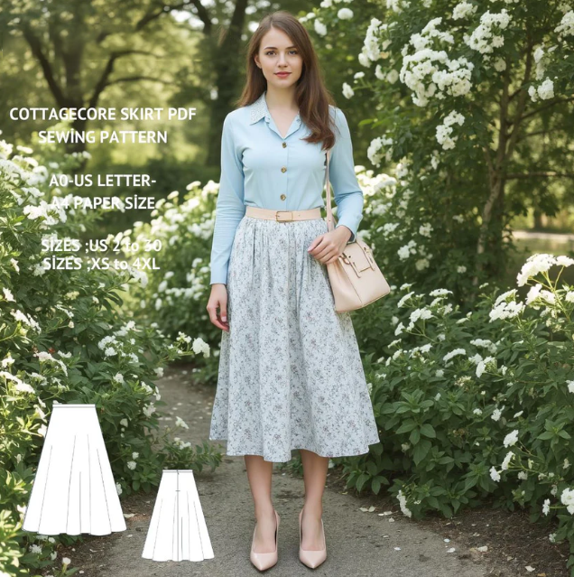 Cottagecore Midi Skirt Sewing Pattern:Half Circle Design (US 2-30) (PDF)
