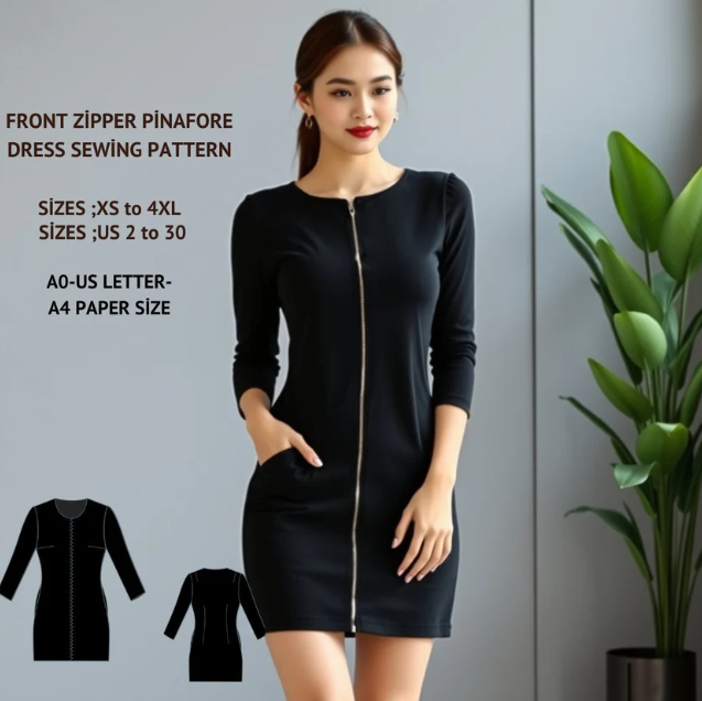 Front Zipper Pinafore Dress Sewing Pattern (XS-4XL)(Digital Download)
