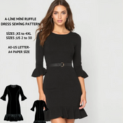 A-Line Mini Ruffle Dress Sewing Pattern:Evening Flounce Dress (US 2-30 &amp; XS-4XL) (Digital Download)