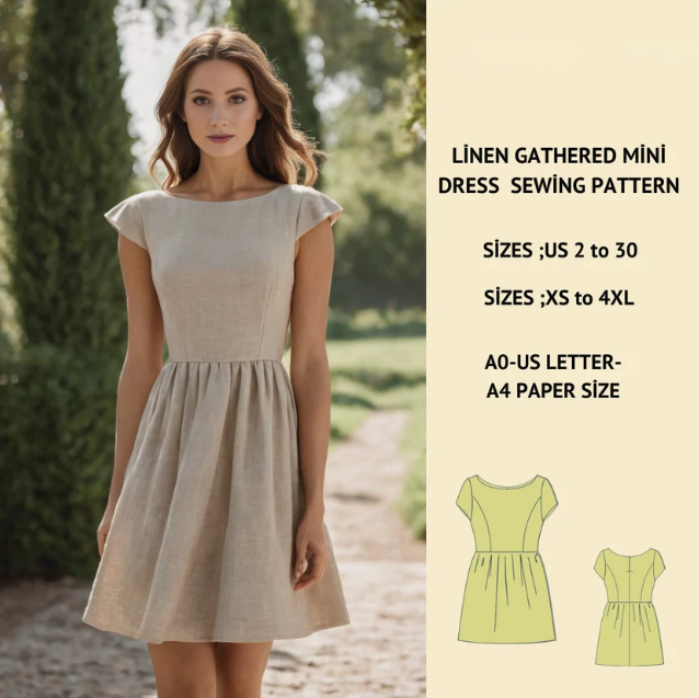 Gathered Linen Mini Dress Sewing Pattern, Boat Neck (Digital Download)