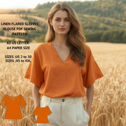 Linen Flared Sleeve Blouse Sewing Pattern:Vintage V-Neck Top (XS-4XL) (PDF Pattern)