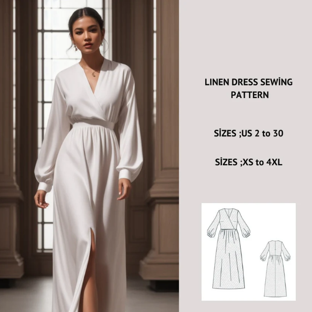 Linen Maxi Surplice Dress Sewing Pattern:Plus Size XS-4XL (Digital Download)