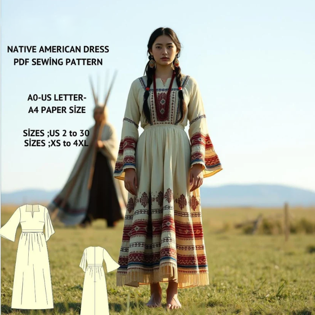 Native American Maxi Dress Sewing Pattern:Bell Sleeve Boho Style (PDF)