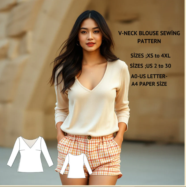 V Neck Blouse Sewing Model, Long Sleeve Blouse Top, Easy BlouseSewing Pattern, XS-4XL
